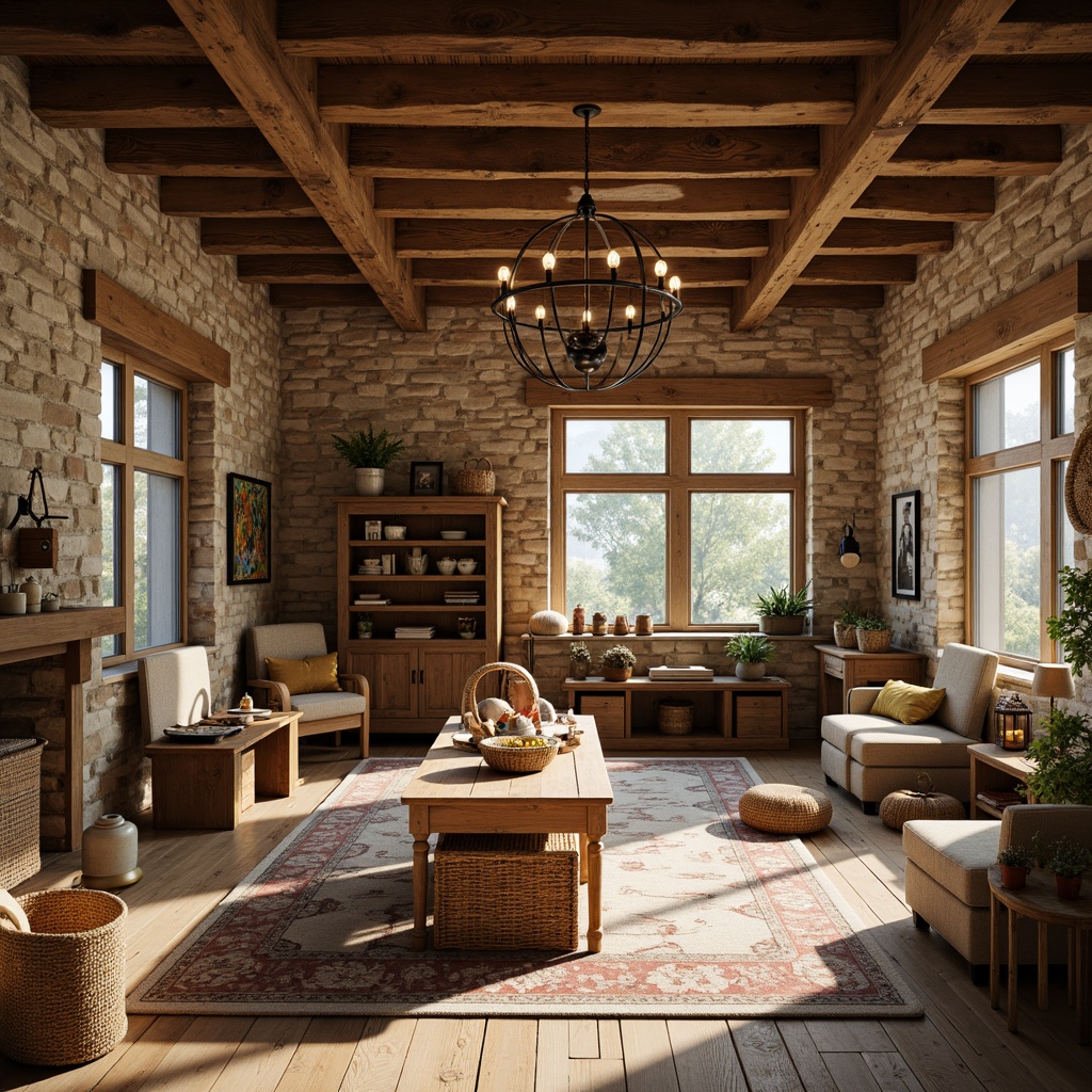 Prompt: Rustic kindergarten, wooden beams, natural stone walls, earthy color palette, vintage furniture, woven baskets, pendant lanterns, metal chandeliers, Edison bulb fixtures, distressed wood accents, cozy reading nooks, soft warm lighting, shallow depth of field, 3/4 composition, panoramic view, realistic textures, ambient occlusion.