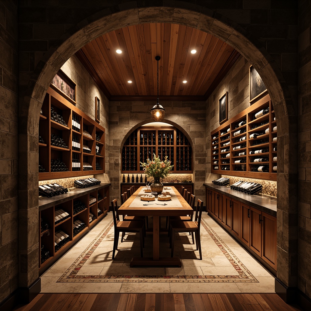 Prompt: Luxurious wine cellar, rich wood tones, elegant stone walls, dimmed soft lighting, temperature-controlled environment, premium hardwood flooring, dark-stained oak planks, polished marble surfaces, sophisticated tile mosaics, natural stone textures, earthy color palette, intimate ambiance, subtle sheen, realistic reflections, atmospheric misting, dramatic archways, ornate metalwork, refined rustic decor.