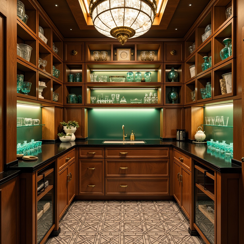 Prompt: Luxurious Art Deco pantry, metallic gold accents, rich wood cabinetry, bold black countertops, vibrant turquoise glassware, geometric patterned flooring, ornate bronze hardware, lavish crystal chandeliers, warm ambient lighting, shallow depth of field, 1/1 composition, realistic textures, soft focus blur.