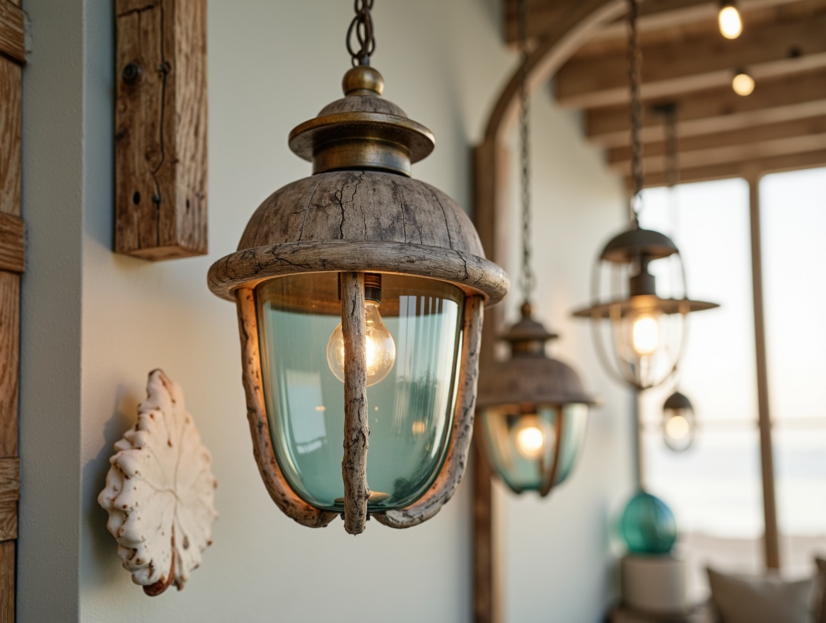 Prompt: Driftwood-inspired pendant lights, rustic nautical lanterns, weathered bronze sconces, ocean-blue glass shades, distressed wood accents, beachy rope details, soft warm glow, coastal-themed metalwork, natural linen shades, woven sea grass textures, shells and pebbles decorations, surfboard-inspired designs, laid-back California vibes, relaxed beach house atmosphere, sunny day ambiance, shallow depth of field, 1/1 composition, panoramic view, realistic textures.