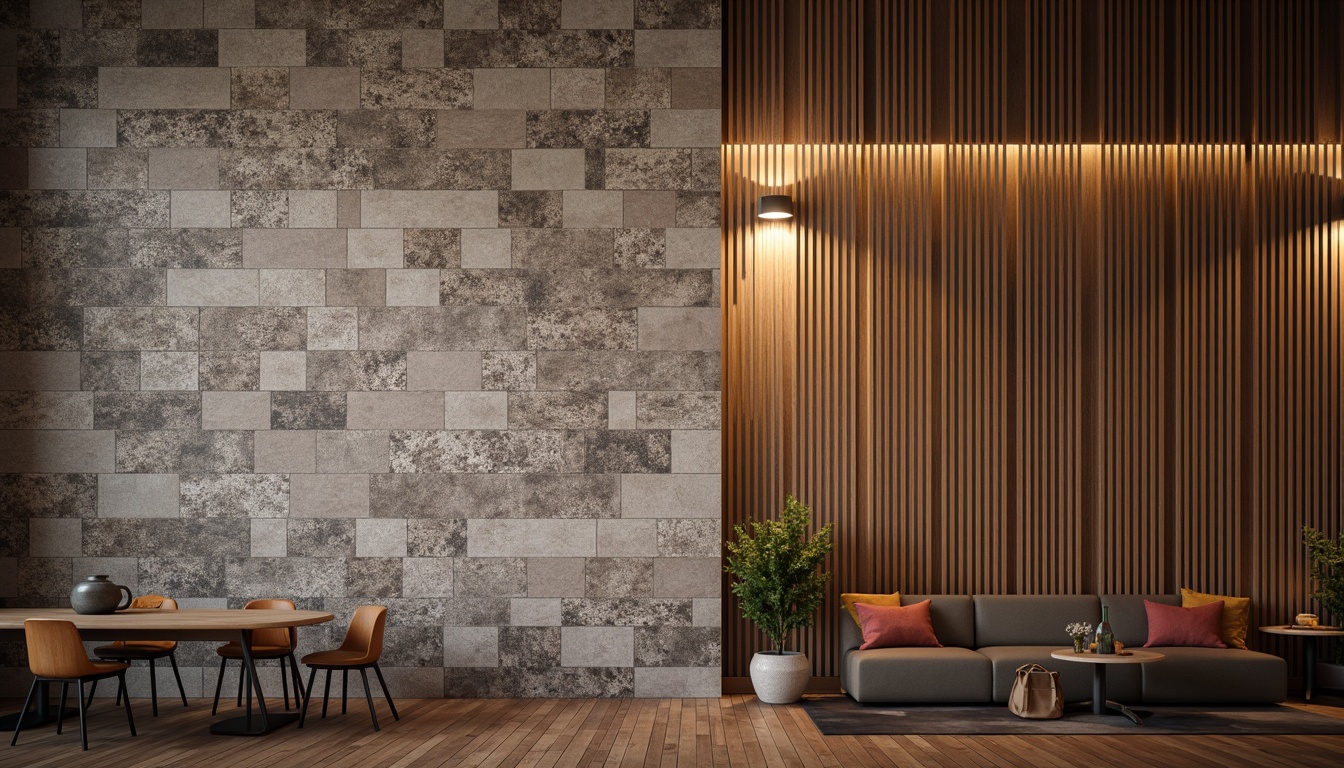 Prompt: Textured walls, natural stone cladding, wooden accent panels, metallic finishes, soft warm lighting, dramatic shadows, 3D geometric patterns, minimalist aesthetic, urban loft vibe, industrial chic decor, reclaimed wood planks, exposed brick surfaces, distressed finishes, earthy color palette, cozy ambiance, shallow depth of field, panoramic view.