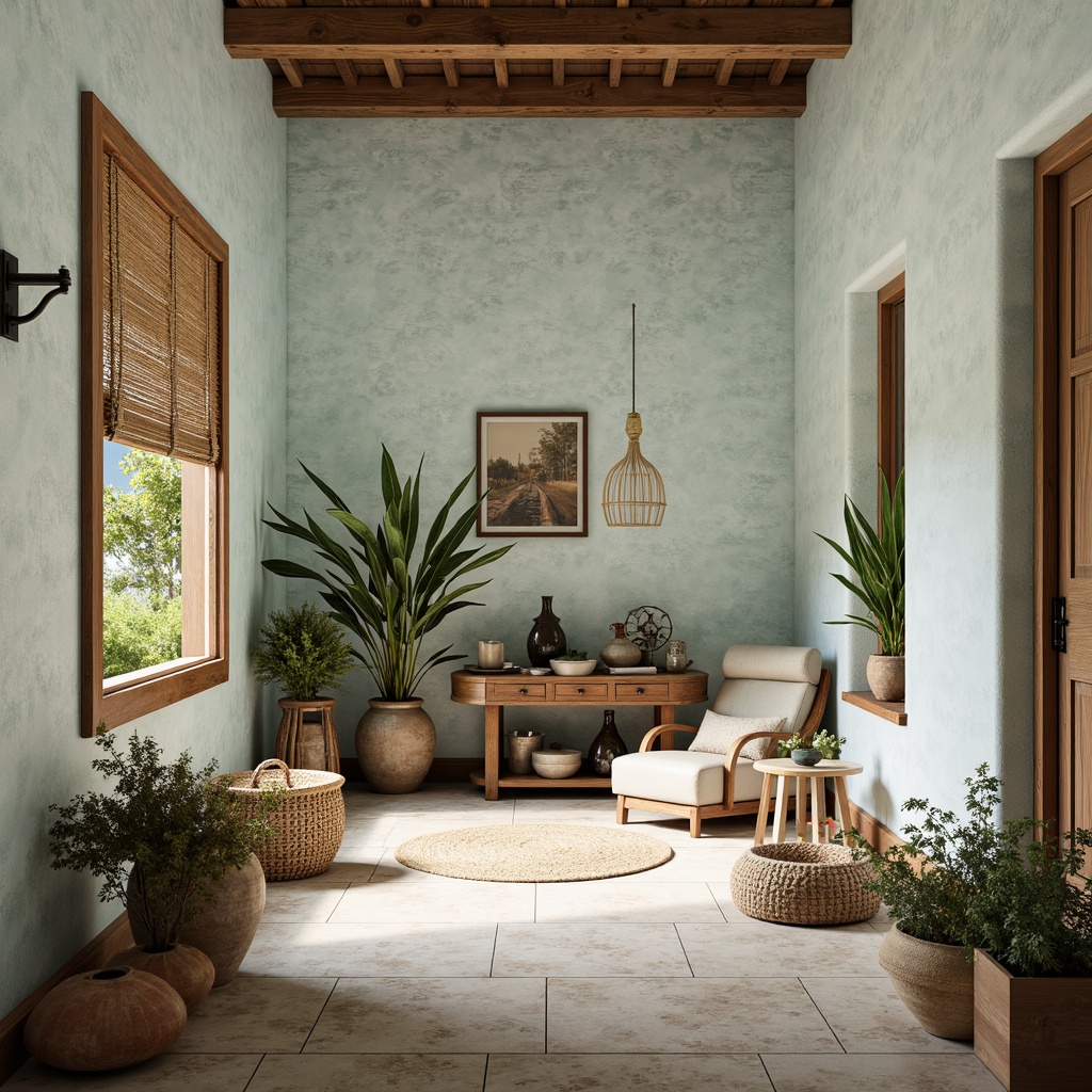 Prompt: Soft powder blue hues, creamy whites, warm beige tones, rich wood accents, natural textiles, woven baskets, vintage decorative items, distressed wooden floors, rustic metal fixtures, earthy terracotta pots, lush greenery, soft diffused lighting, warm sunny day, shallow depth of field, 3/4 composition, realistic textures, ambient occlusion.