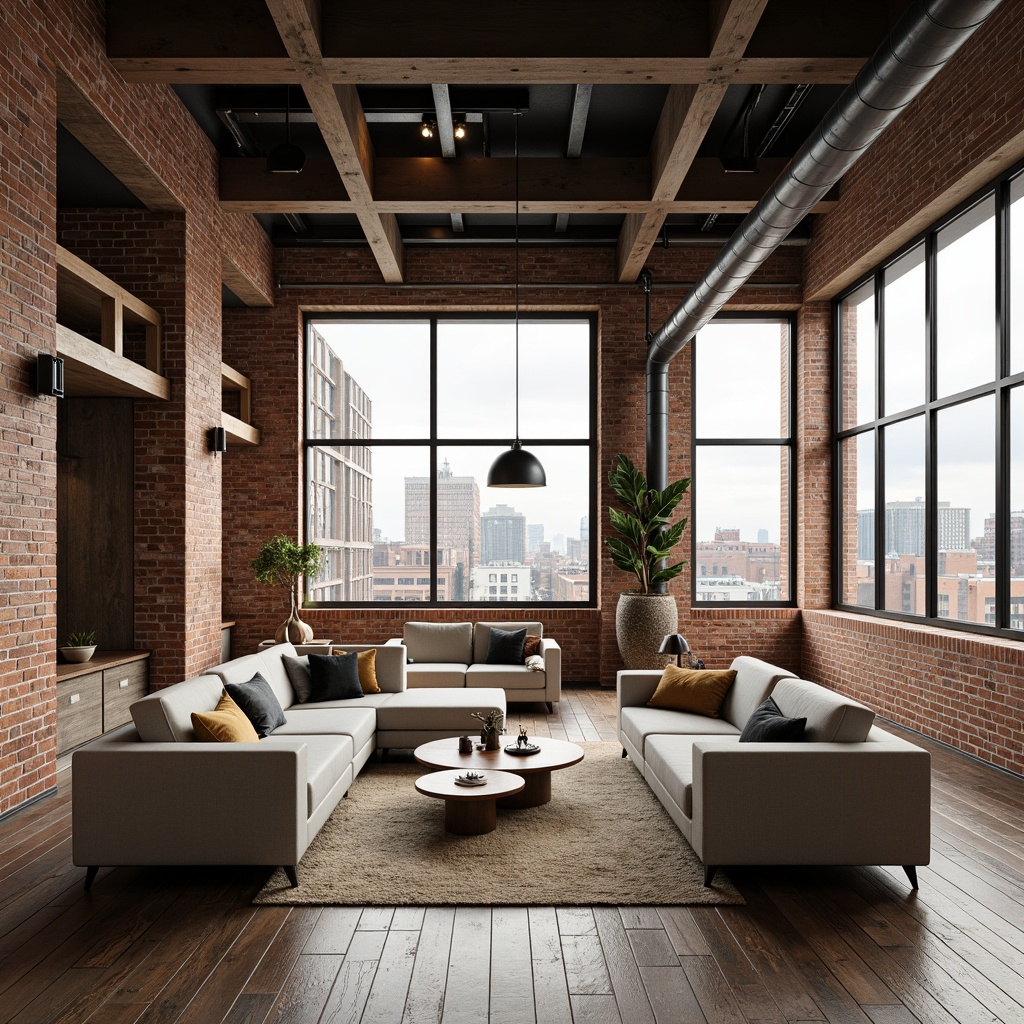 Prompt: Industrial-chic loft, exposed brick walls, high ceilings, metal beams, reclaimed wood floors, minimalist furniture, low-profile sofas, sleek coffee tables, geometric-shaped rugs, monochromatic color schemes, natural textiles, industrial-style lighting fixtures, urban cityscape views, large windows, abundant natural light, soft warm tones, shallow depth of field, 1/1 composition, realistic textures.