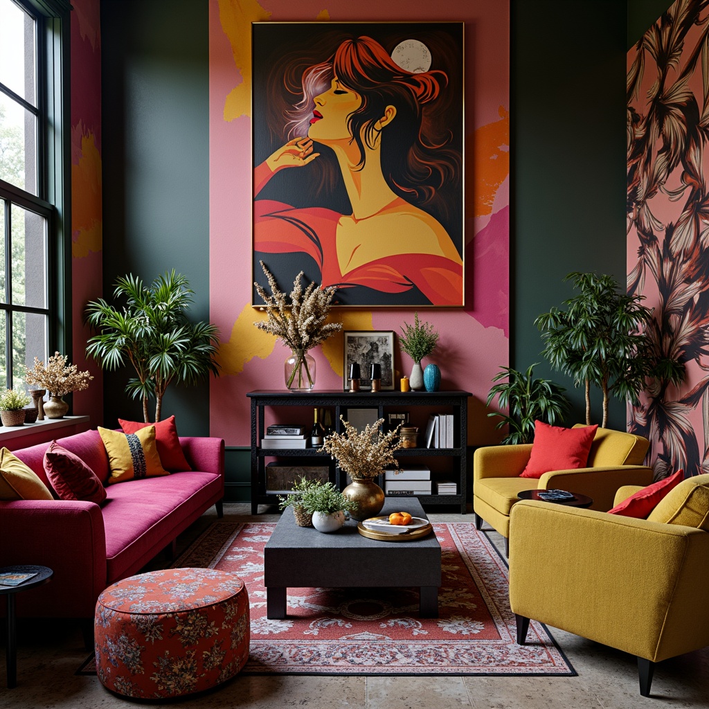 Prompt: Vibrant artistic studio, eclectic decorative accents, bold brushstroke walls, contrasting furniture pieces, rich velvet fabrics, metallic gold frames, ornate mirrors, abstract artwork, moody atmospheric lighting, shallow depth of field, 1/1 composition, realistic textures, ambient occlusion.