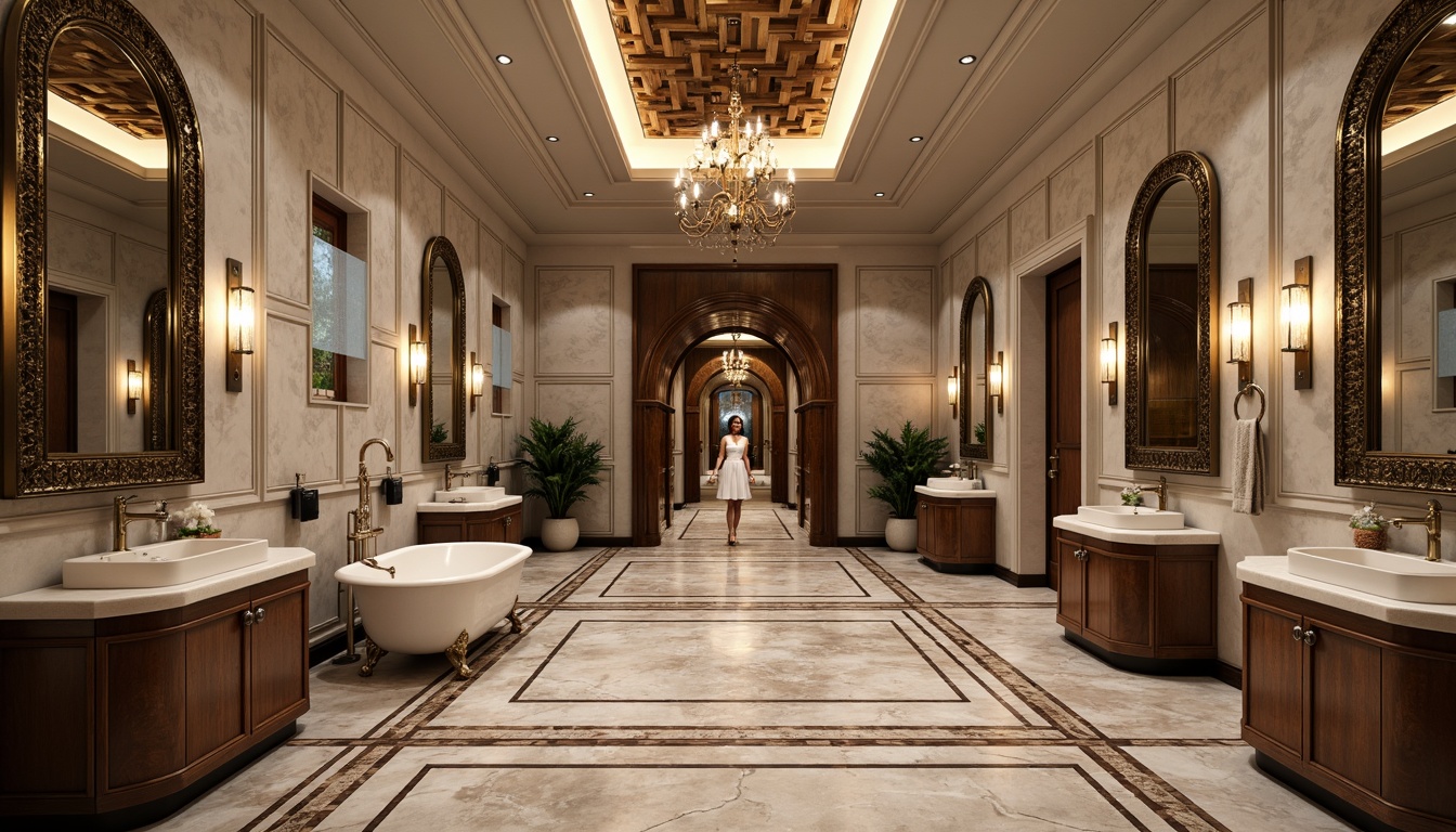 Prompt: Luxurious bathroom, Art Deco style fixtures, ornate metalwork, geometric patterns, marble countertops, chrome faucets, crystal chandeliers, soft warm lighting, rich wood cabinetry, vintage-inspired tiles, hexagonal mirrors, elegant freestanding tubs, sculptural sink basins, metallic accents, opulent textiles, bold color schemes, high-contrast veining, dramatic archways, lavish decorative trim, ornamental wall sconces, glamorous Hollywood Regency flair.