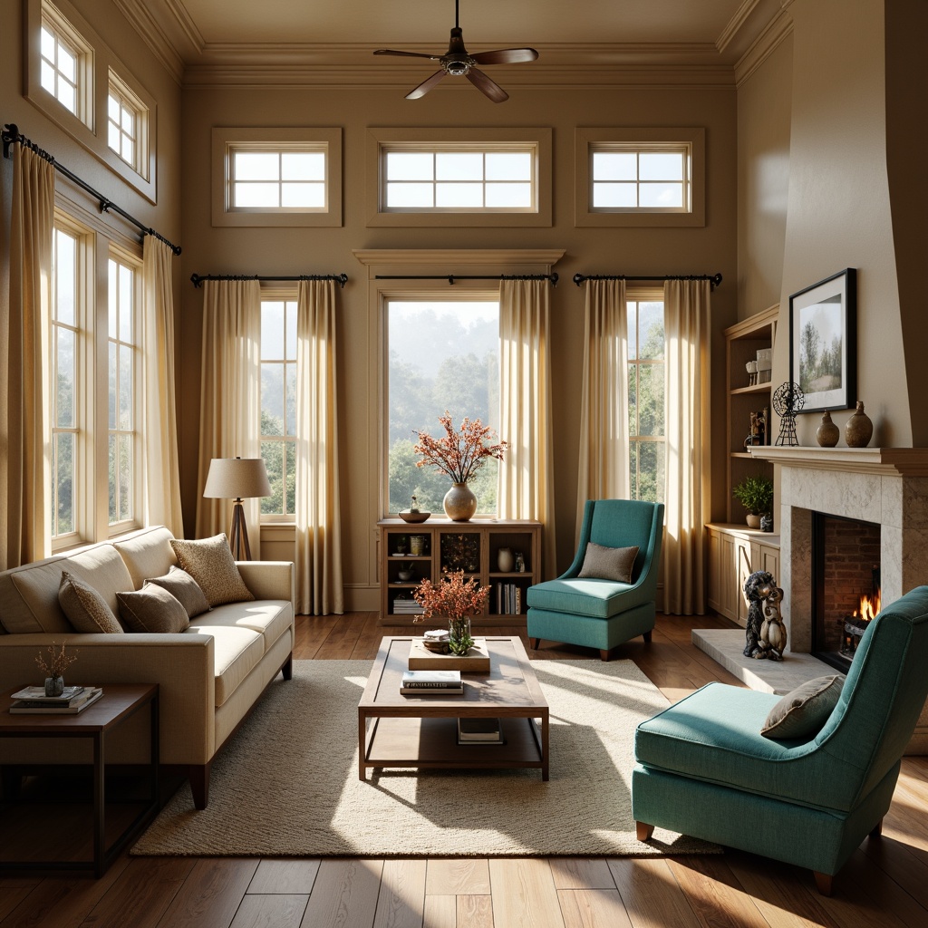 Prompt: Earthy transitional interior, warm beige walls, rich walnut wood flooring, comfortable plush furniture, soft velvet textures, muted turquoise accents, creamy white trim, natural stone fireplace, subtle golden lighting, cozy reading nooks, layered window treatments, balanced 2/3 composition, atmospheric misty effects, realistic fabric simulations.