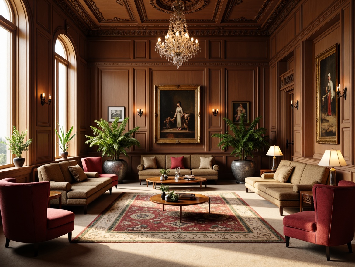 Prompt: Elegant student lounge, rich wood tones, ornate furnishings, velvet sofas, leather armchairs, wooden coffee tables, classic oil paintings, crystal chandeliers, intricate moldings, high ceilings, large windows, natural light, warm beige carpets, subtle patterns, refined textures, symmetrical layout, balanced composition, harmonious color palette, soft warm lighting, shallow depth of field.