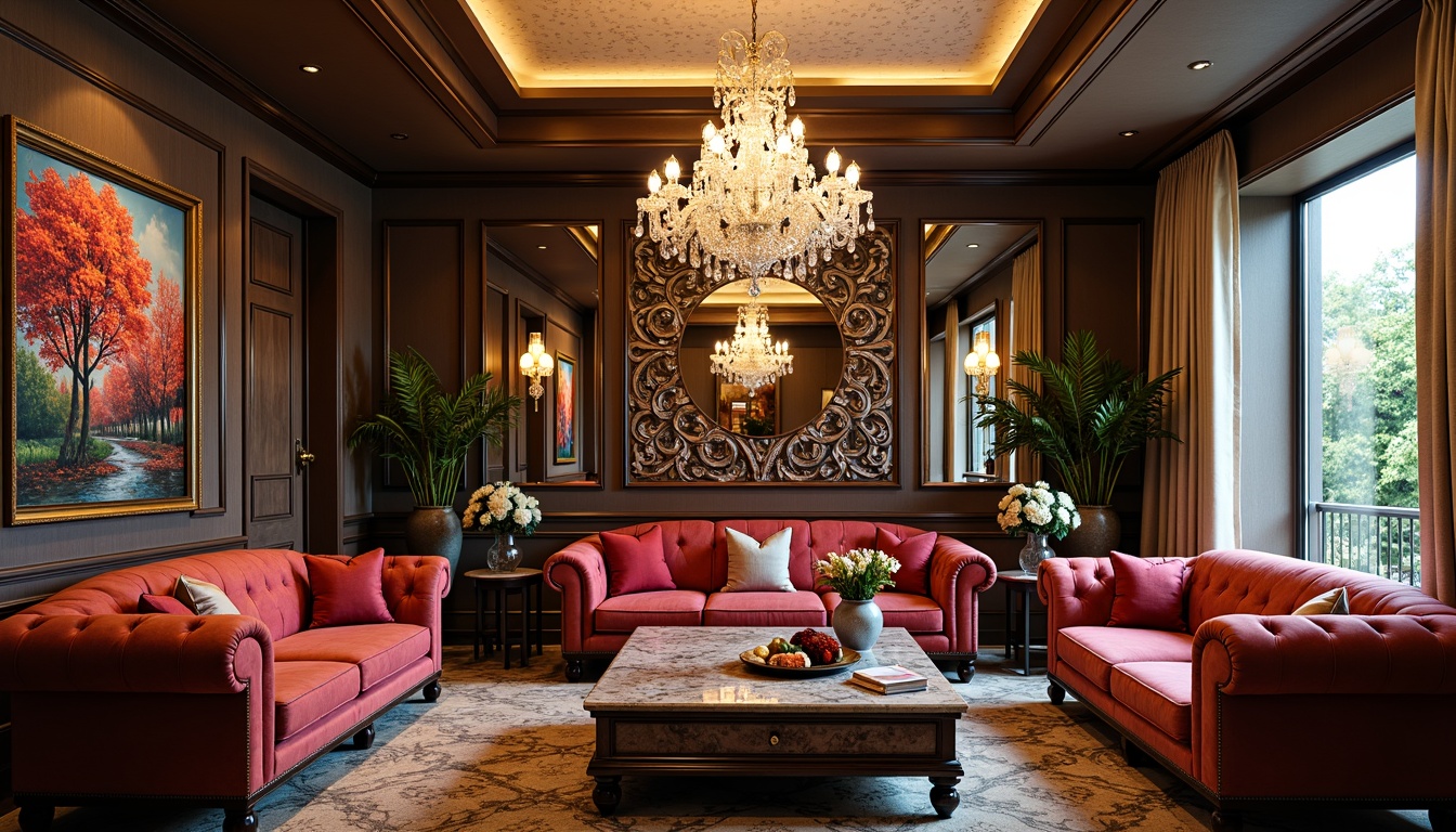 Prompt: Luxurious living room, ornate mirrors, crystal chandeliers, plush velvet sofas, rich wood accents, marble coffee tables, decorative vases, vibrant colorful artwork, intricate patterns, soft warm lighting, shallow depth of field, 3/4 composition, panoramic view, realistic textures, ambient occlusion.