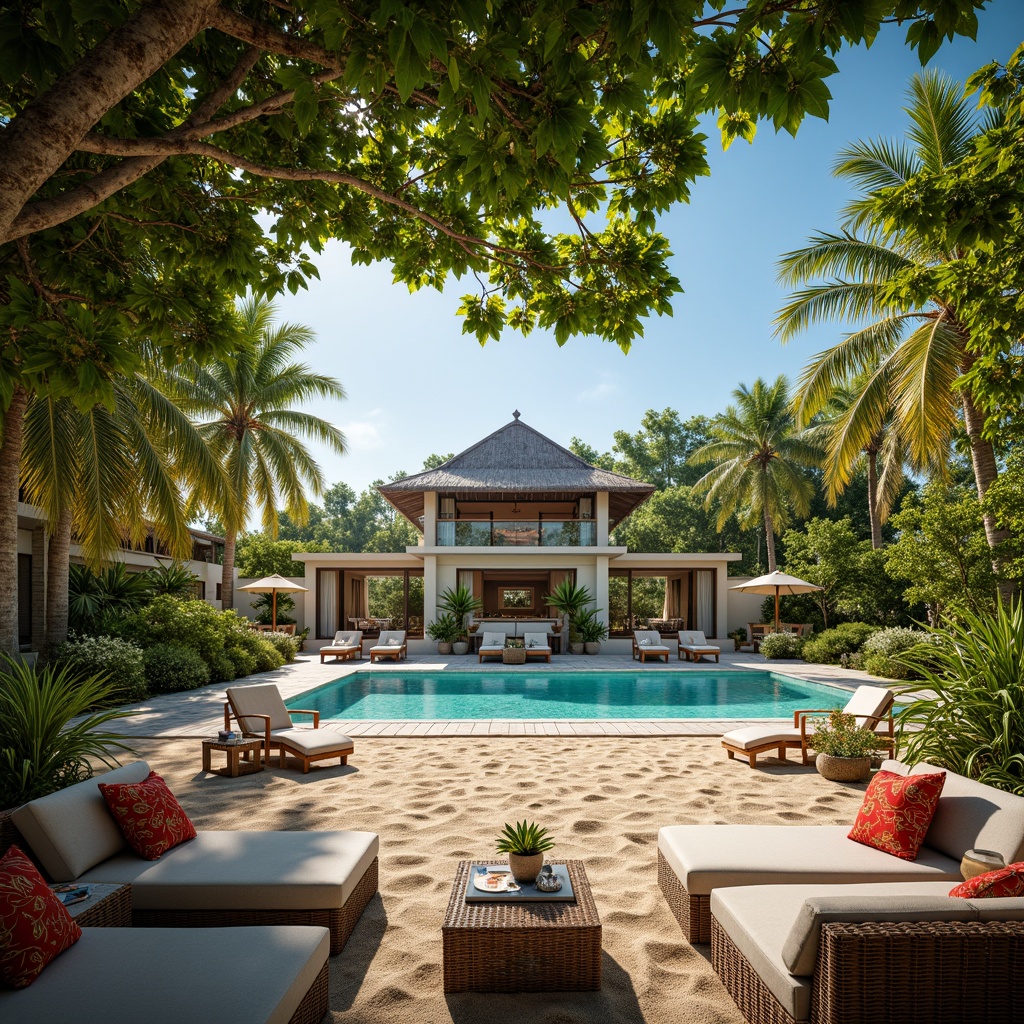 Prompt: Vibrant tropical villa, lush greenery, palm trees, warm sandy beach, crystal-clear turquoise water, bright sunny day, soft warm lighting, large windows, sliding glass doors, natural stone walls, wooden accents, rattan furniture, colorful textiles, intricate carvings, ambient occlusion, shallow depth of field, 1/1 composition, panoramic view, realistic textures, warm color palette, high contrast ratio, dramatic shadows, golden hour lighting.