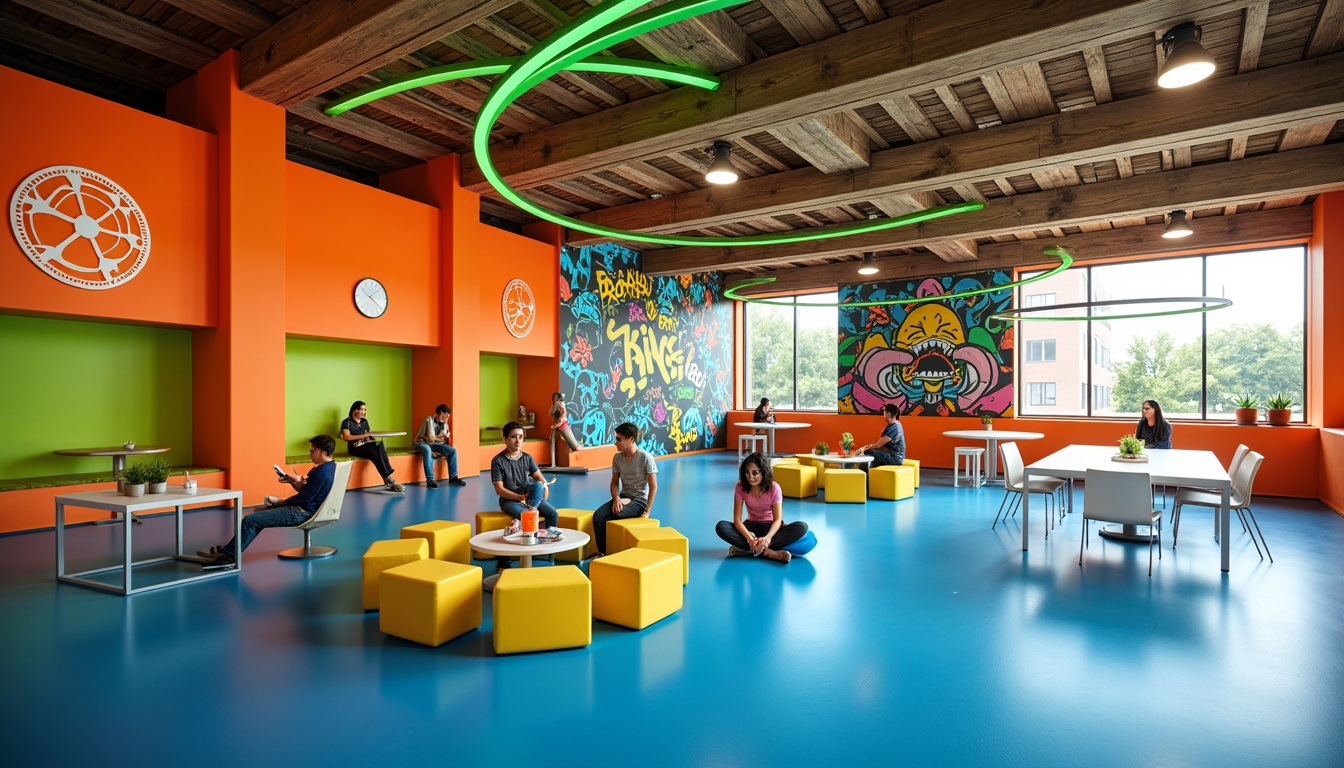 Prompt: Vibrant youth center interior, bold color accents, energetic atmosphere, modern furniture design, bright orange walls, neon green decorative lights, lively blue flooring, playful yellow bean bags, minimalist white tables, sleek metal chairs, urban graffiti murals, industrial-style lighting fixtures, reclaimed wood ceilings, abstract geometric patterns, dynamic spatial layout, natural daylight, softbox lighting effects, shallow depth of field, 1/1 composition, realistic textures, ambient occlusion.