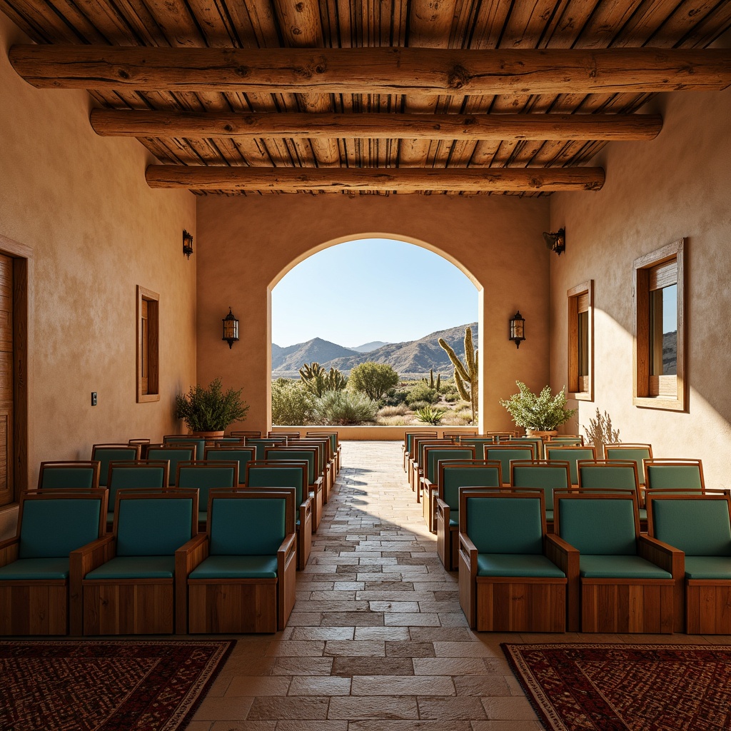 Prompt: Southwestern-style auditorium, rustic wooden seats, earthy tone upholstery, vibrant turquoise accents, geometric patterned rugs, adobe-inspired architecture, warm sandy beige walls, natural stone floors, dramatic stage lighting, soft warm glow, shallow depth of field, 3/4 composition, panoramic view, realistic textures, ambient occlusion, cacti plants, desert landscape, clear blue sky, sunny day.