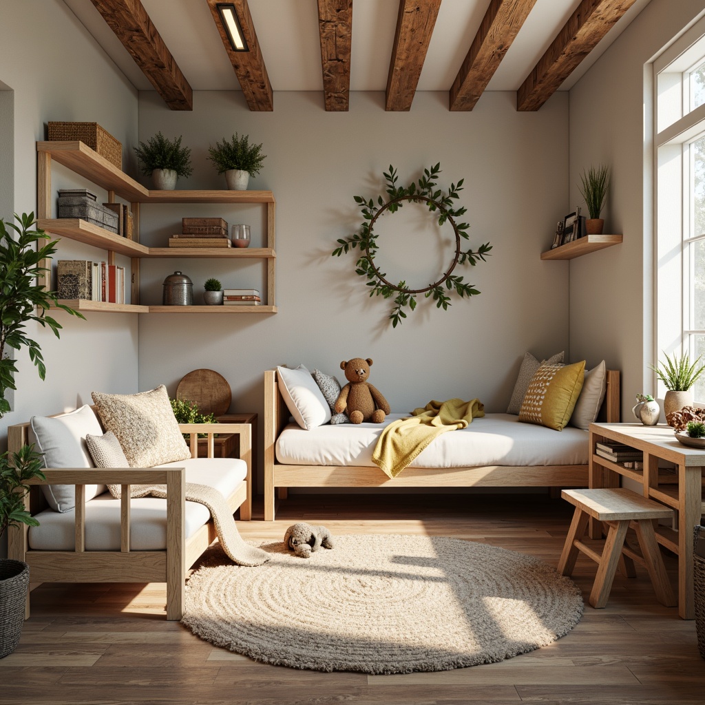 Prompt: Cozy kids' bedroom, rustic wooden furniture, distressed finishes, vintage decorative accents, plush toys, soft pastel colors, natural textiles, woven baskets, earthy tones, reclaimed wood shelves, comfortable reading nooks, warm task lighting, 3/4 composition, shallow depth of field, realistic textures, ambient occlusion.