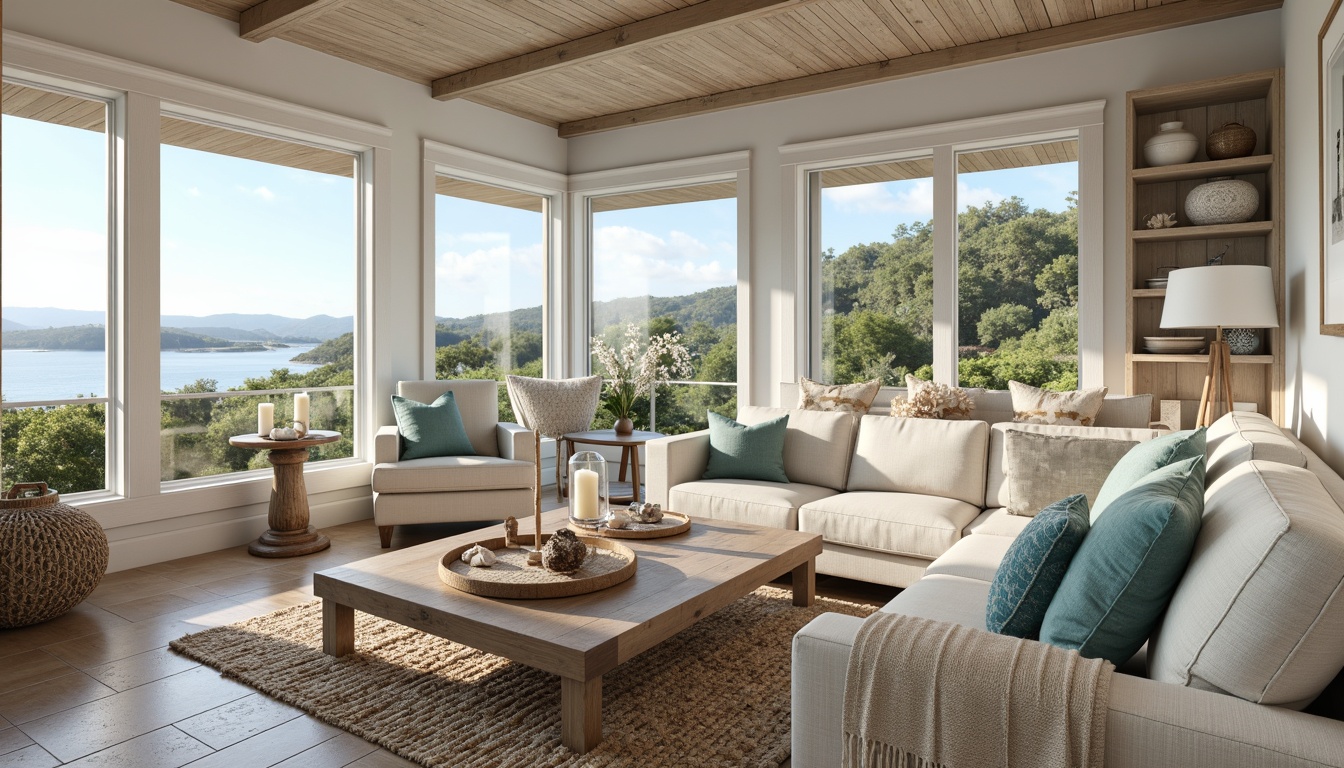 Prompt: Coastal living room, natural fabrics, soft linen upholstery, woven jute rugs, distressed wood furniture, white shiplap walls, large windows, ocean views, blue and green color palette, coral-inspired accents, seashell decorations, driftwood coffee tables, nautical rope details, plush throw blankets, candlelight ambiance, warm beige tones, layered lighting, shallow depth of field, 1/2 composition, realistic textures, ambient occlusion.