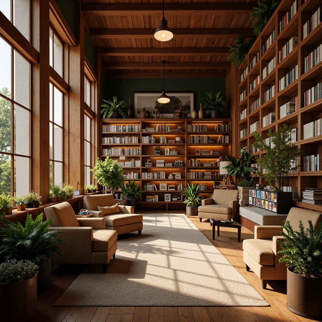 Prompt: Cozy bookstore interior, wooden bookshelves, comfy reading nooks, plush armchairs, warm floor lamps, rich wood tones, soft carpeting, inviting window seats, natural stone walls, modern minimalist decor, eclectic vintage furniture, abundance of plants, warm golden lighting, shallow depth of field, 1/2 composition, intimate atmosphere, realistic textures, ambient occlusion.