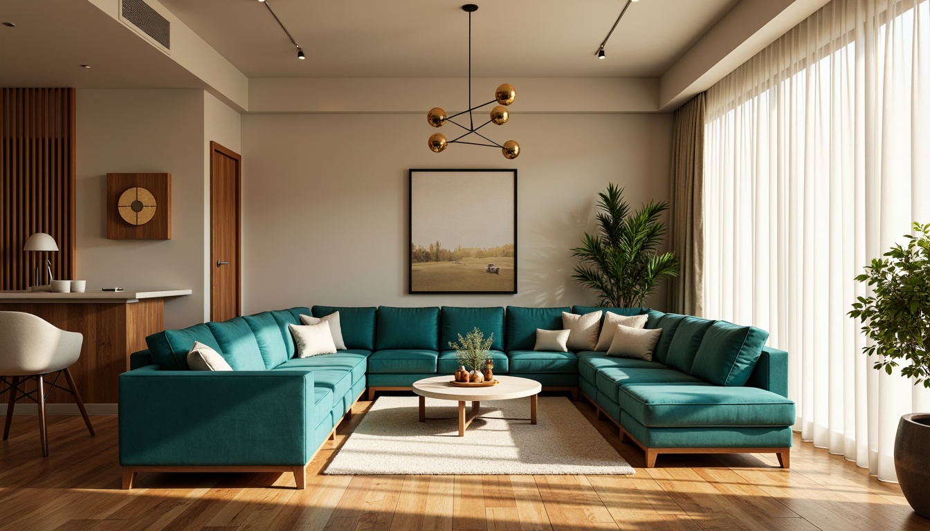 Prompt: Cozy living room, warm beige walls, rich walnut wood flooring, plush velvet sofas, vibrant turquoise accents, natural light pouring through floor-to-ceiling windows, sheer white curtains, modern minimalist chandelier, soft warm glow, atmospheric shadows, 1/1 composition, realistic textures, ambient occlusion.