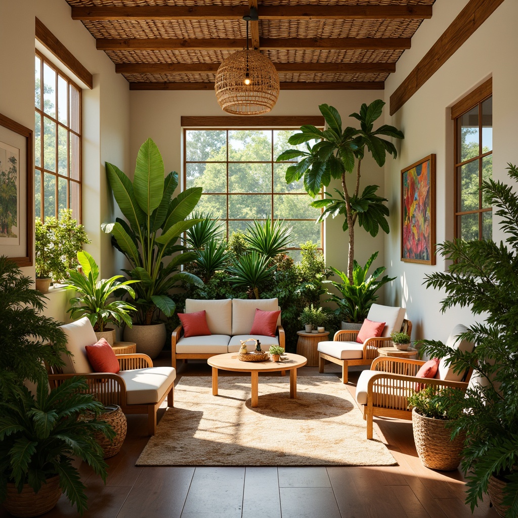 Prompt: Vibrant tropical interior, lush greenery, exotic plants, warm wood accents, rattan furniture, natural textiles, bright coral hues, sunny yellow shades, calming turquoise tones, soft mint greens, ocean-inspired blues, warm beige walls, creamy white ceilings, rustic wooden floors, woven bamboo details, ambient warm lighting, 1/1 composition, realistic renderings, subtle texture overlays.