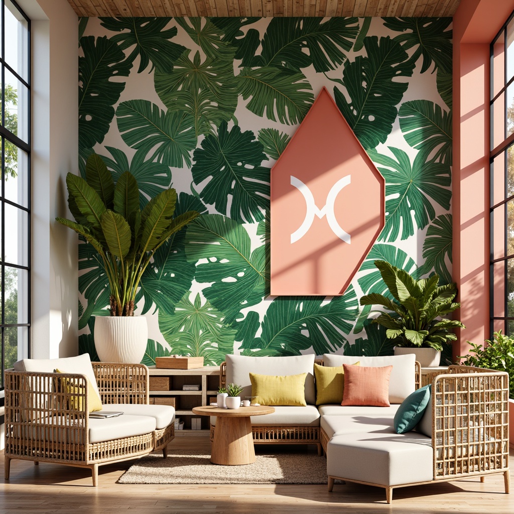 Prompt: Vibrant tropical accent wall, bold botanical prints, lush greenery patterns, reclaimed wood textures, natural woven fibers, rattan furniture, exotic palm fronds, bright coral hues, sunny yellow tones, creamy white shades, metallic gold accents, abstract geometric shapes, 3D dimensional designs, statement lighting fixtures, dramatic shadow effects, shallow depth of field, panoramic view, realistic renderings, ambient occlusion.