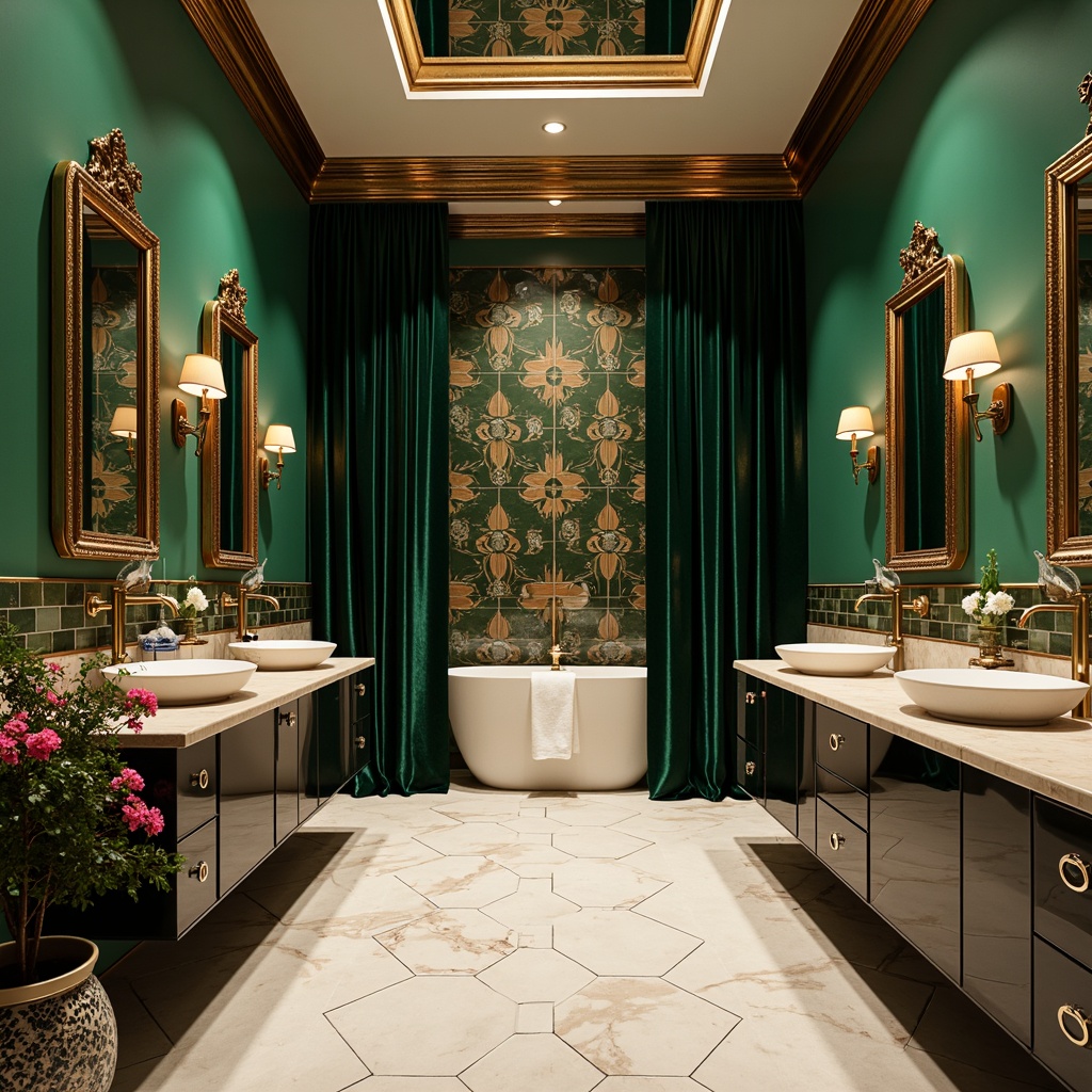 Prompt: Art Deco style bathroom, luxurious chrome fixtures, geometric patterns, metallic accents, rich jewel tones, emerald green walls, creamy white marble floors, ornate gold mirrors, velvet drapes, vintage-inspired lighting, warm beige countertops, glossy black cabinets, hexagonal tiles, bold graphic prints, lavish florals, opulent ambiance, dramatic shadows, high-contrast lighting, 3/4 composition, realistic textures, ambient occlusion.