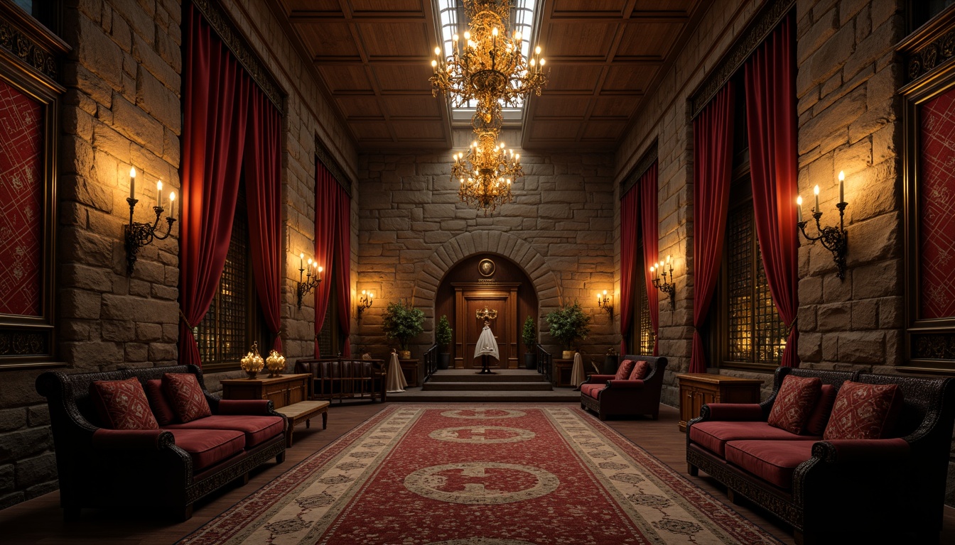 Prompt: Dark medieval castle walls, stone textures, mysterious archways, grand chandeliers, ornate wooden panels, rich velvet drapes, eerie candlelight, dramatic shadows, intense colors, bold geometric patterns, intricate carvings, ancient artifacts, mysterious symbols, luxurious furnishings, regal thrones, atmospheric mist, warm golden lighting, cinematic composition, realistic stone walls, ambient occlusion.