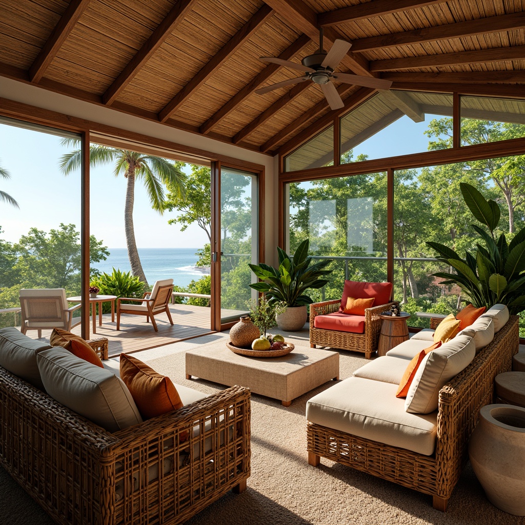 Prompt: Tropical living room, rattan furniture, natural wood accents, woven textiles, vibrant colors, lush greenery, exotic plants, floor-to-ceiling windows, sliding glass doors, ocean views, warm sunny day, soft diffused lighting, 1/1 composition, shallow depth of field, realistic reflections, ambient occlusion.