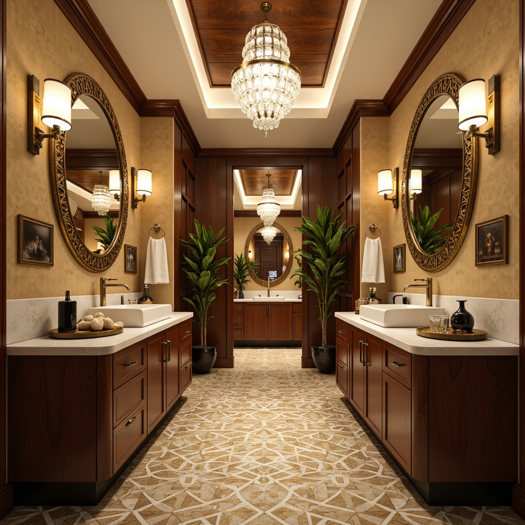 Prompt: Luxurious Art Deco bathroom, geometric patterned tiles, ornate metal fixtures, crystal chandeliers, soft warm glow, ambient lighting, wall-mounted sconces, recessed ceiling lights, frosted glass shades, metallic finishes, marble countertops, vintage-inspired faucets, rich wood cabinetry, lavish textiles, creamy color palette, golden accents, dramatic shadows, high contrast ratio, 1/2 composition, soft focus blur.