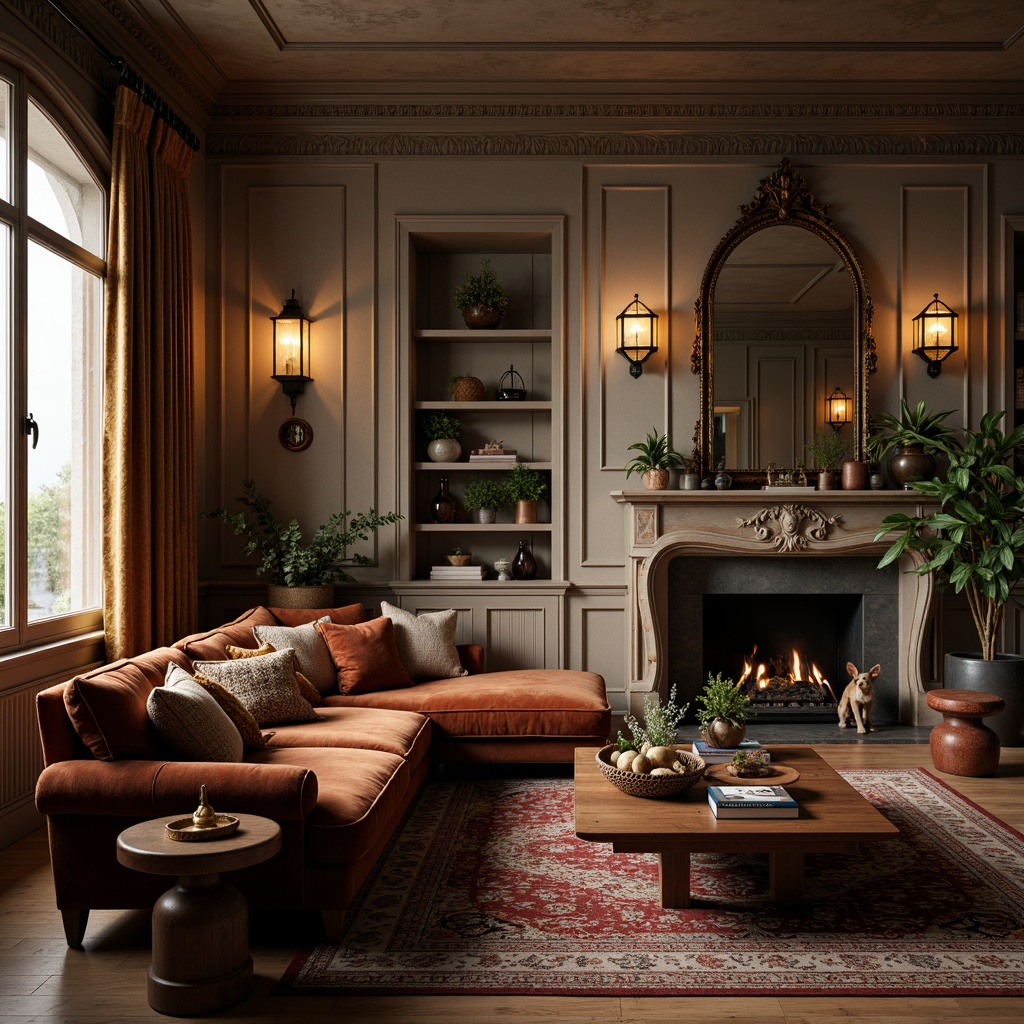 Prompt: Cozy living room, plush velvet sofa, ornate wooden coffee table, vintage rug, statement lighting fixtures, metallic accents, elegant drapery, richly textured wallpaper, eclectic decorative artifacts, personal mementos, sentimental trinkets, warm earthy tones, soft diffused lighting, shallow depth of field, 1/2 composition, intimate atmosphere, realistic textures, ambient occlusion.