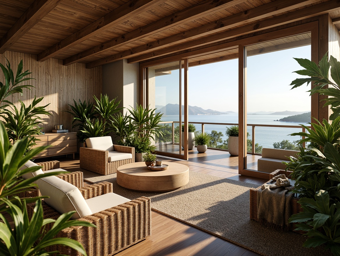 Prompt: Luxurious penthouse, tropical style, natural materials, reclaimed wood accents, rattan furniture, woven bamboo textures, lush greenery, exotic plants, floor-to-ceiling windows, sliding glass doors, ocean views, warm sunny day, soft diffused lighting, shallow depth of field, 3/4 composition, panoramic view, realistic wood grains, ambient occlusion, earthy color palette, organic shapes, free-flowing curves, natural stone walls, water features, indoor waterfall, misting system.