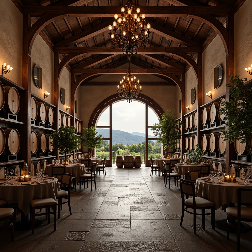 Prompt: Rustic winery, vineyard surroundings, rolling hills, stone walls, wooden barrels, elegant chandeliers, ornate metalwork, grand archways, high ceilings, luxurious furnishings, rich wood tones, earthy color palette, natural stone flooring, vintage wine-making equipment, dim warm lighting, soft focus, 1/1 composition, atmospheric perspective, detailed textures, subtle ambient occlusion.