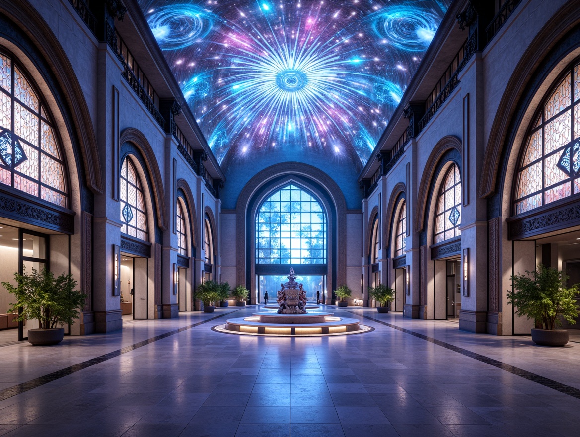 Prompt: Ethereal temples, iridescent domes, holographic stained glass, neon-lit archways, luminescent mosaics, aurora-inspired ceilings, futuristic spires, metallic accents, mirror-like reflections, LED-infused walls, virtual reality altars, cyberpunk-inspired frescoes, celestial body patterns, gravitational wave motifs, quantum physics-inspired murals, prismatic columns, kaleidoscope-like vaults, shimmering fabrics, radiant ambient lighting, 3/4 composition, cinematic depth of field, panoramic views, photorealistic textures, advanced atmospheric effects.