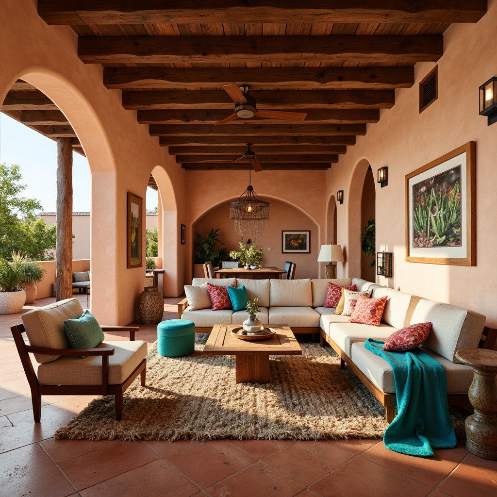 Prompt: Vibrant southwestern family room, earthy terracotta floors, rustic wooden beams, comfortable sectional sofas, plush throw pillows, woven jute rugs, natural fiber upholstery, turquoise accents, geometric patterned blankets, reclaimed wood coffee tables, wrought iron lamp fixtures, warm golden lighting, cozy reading nooks, desert botanical prints, cacti vases, adobe-inspired architecture, sunny afternoon, shallow depth of field, 3/4 composition, realistic textures.