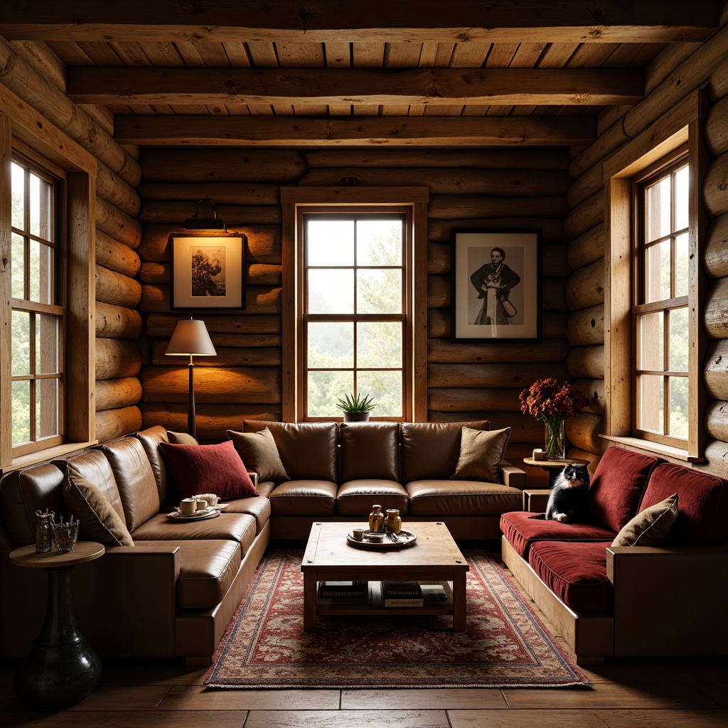 Prompt: Rustic wooden cabin, earthy tones, natural textures, handcrafted oak furniture, ornate carvings, rich leather upholstery, warm golden lighting, cozy reading nook, plush velvet cushions, vintage metalware, distressed finishes, traditional craftsmanship, sturdy wooden legs, elegant curved lines, comfortable seating areas, soft warm color palette, 1/1 composition, realistic wood grain textures, ambient occlusion.