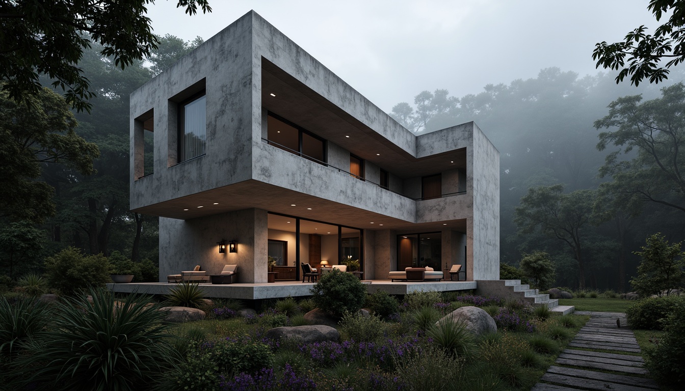 Prompt: Rugged villa, brutalist architecture, raw concrete textures, industrial metal accents, dramatic cantilevered rooflines, angular geometric forms, bold monochromatic color scheme, warm ambient lighting, subtle gradient shadows, cinematic high-contrast ratios, narrow depth of field, 1/2 composition, low-key illumination, mysterious atmosphere, dense forest surroundings, misty morning fog, natural stone pathways, reclaimed wood accents, earthy tones, organic materials, handcrafted decorative elements.