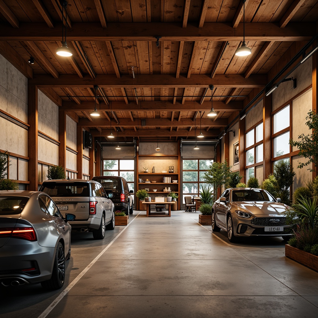 Prompt: Rustic garage interior, warm wood accents, metallic tones, polished concrete floors, sleek modern cars, minimalist decor, industrial chic ambiance, elegant lighting fixtures, pendant lamps, Edison bulbs, soft warm glow, dramatic shadows, 1/2 composition, shallow depth of field, realistic textures, ambient occlusion.