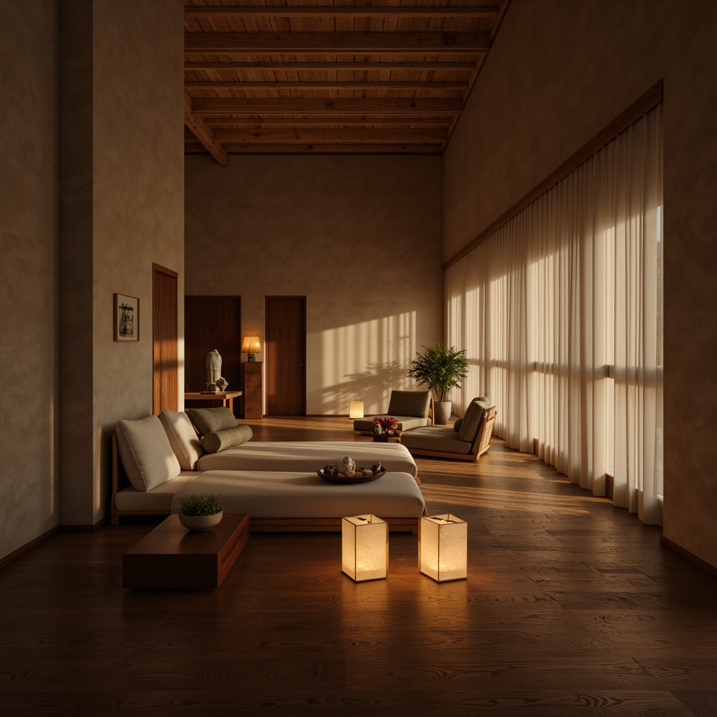 Prompt: Minimalist interior, soft warm glow, ambient lighting, subtle shadows, clean lines, simplicity, empty space, monochromatic color scheme, matte finishes, natural materials, wooden accents, paper lanterns, floor lamps, table lamps, hidden light sources, indirect illumination, calm atmosphere, serene ambiance, 1/1 composition, low contrast ratio, realistic textures, soft focus, shallow depth of field.