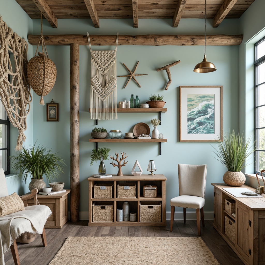 Prompt: Coastal craft room, distressed wood furniture, nautical ropes, vintage fishing nets, shells, starfish, driftwood decorations, soft blue-green color palette, natural textiles, woven baskets, macrame wall hangings, rattan storage bins, ocean-inspired artwork, coral patterns, sea glass vases, mercury glass accents, industrial metal lighting, reclaimed wood shelves, woven jute rugs, calming ambient light, shallow depth of field, 1/1 composition, realistic textures.