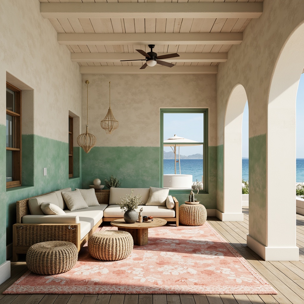 Prompt: Soft sandy beige walls, calming seafoam green accents, warm driftwood brown furniture, crisp white ceiling, natural woven textiles, ocean-inspired blue hues, gentle shell pink undertones, rustic nautical ropes, distressed wood flooring, beachy coral patterns, sunny day lighting, shallow depth of field, 1/1 composition, relaxed casual atmosphere.