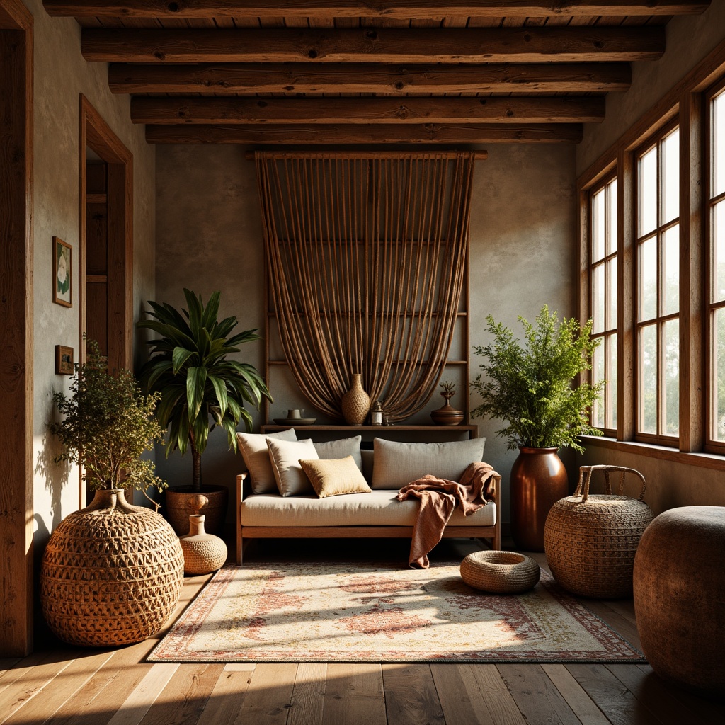 Prompt: Rustic wooden accents, earthy tones, natural fabrics, woven baskets, vintage rugs, distressed leather, copper metalwork, ceramic vases, handmade pottery, wooden furniture, ornate carvings, warm golden lighting, shallow depth of field, 1/1 composition, realistic textures, ambient occlusion.