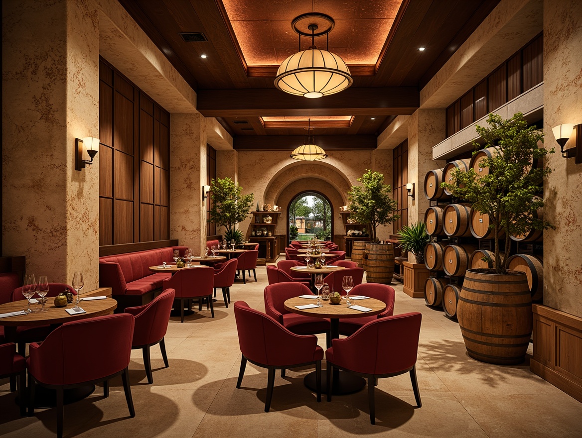 Prompt: Elegant winery interior, rustic wooden accents, earthy terracotta tones, rich burgundy reds, warm golden lighting, soft beige stone walls, ornate ironwork details, luxurious velvet fabrics, distressed leather textures, vintage wine barrels, dimly lit atmosphere, dramatic ceiling heights, grand chandeliers, classic architectural columns, warm neutral backgrounds, subtle sheen finishes, sophisticated color harmony, natural material emphasis, Old World charm, refined modern twists.