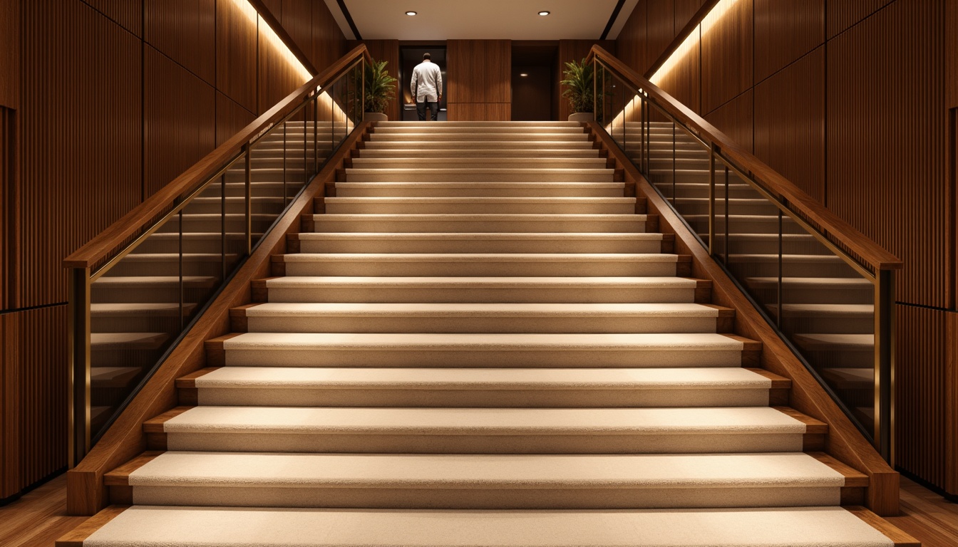 Prompt: Luxurious staircase, rich wood tones, warm beige carpeting, soft plush padding, elegant metal handrails, slender balusters, refined glass panels, sophisticated LED lighting, subtle shadows, atmospheric misty ambiance, shallow depth of field, 1/2 composition, realistic textures, ambient occlusion.