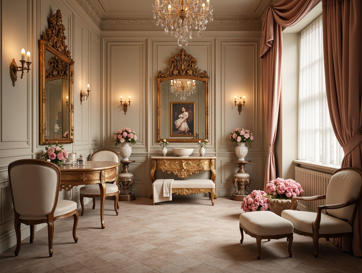 Prompt: Ornate powder room, soft pastel hues, delicate florals, Rococo-style furnishings, intricately carved wooden paneling, gilded accents, ornamental mirrors, velvet drapes, silk upholstery, lace trimmings, porcelain vases, crystal chandeliers, subtle shimmering textures, warm candlelight, intimate atmosphere, shallow depth of field, 1/1 composition, romantic warm lighting.