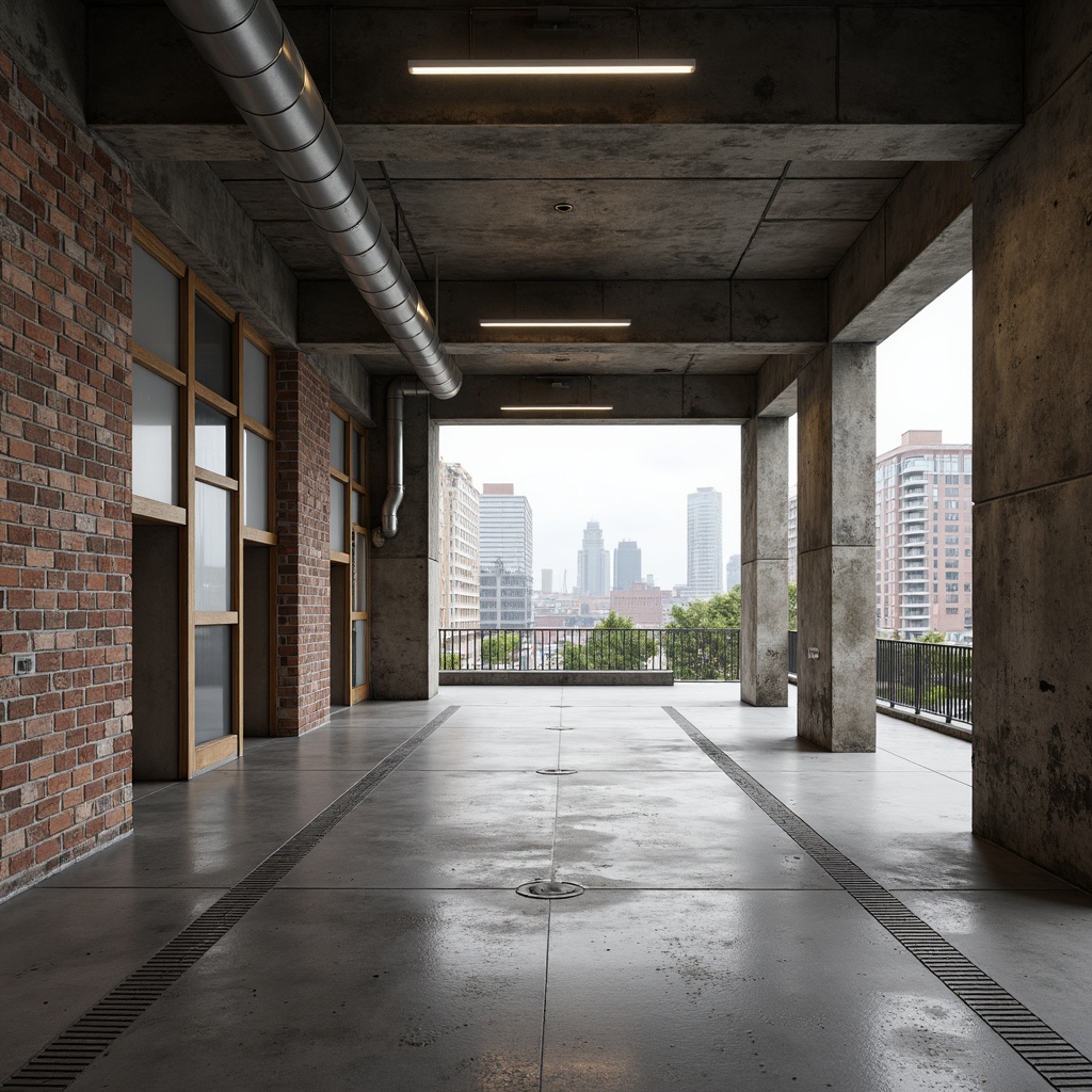 Prompt: Industrial concrete floors, polished steel surfaces, exposed brick walls, distressed wooden planks, vintage metal gratings, minimalist ceramic tiles, functional drainage systems, industrial-style lighting fixtures, raw unfinished ceilings, brutalist architectural elements, urban cityscape views, cloudy grey skies, soft diffused natural light, shallow depth of field, 1/1 composition, realistic textures, ambient occlusion.