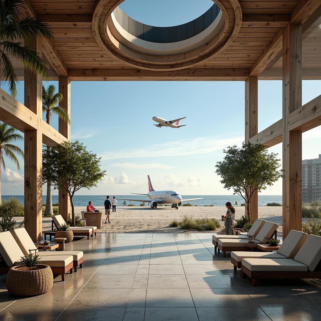 Prompt: Coastal airport terminal, modern wave-inspired architecture, calming ocean views, sandy dunes, sea salt air, tropical plants, wooden accents, nautical ropes, vintage aircraft models, glass roofs, natural stone floors, minimalistic decor, soft warm lighting, 1/1 composition, realistic textures, ambient occlusion, subtle beachy colors, weathered wood textures, airy open spaces, comfortable lounge seating, refreshing ocean breeze, serene atmosphere.