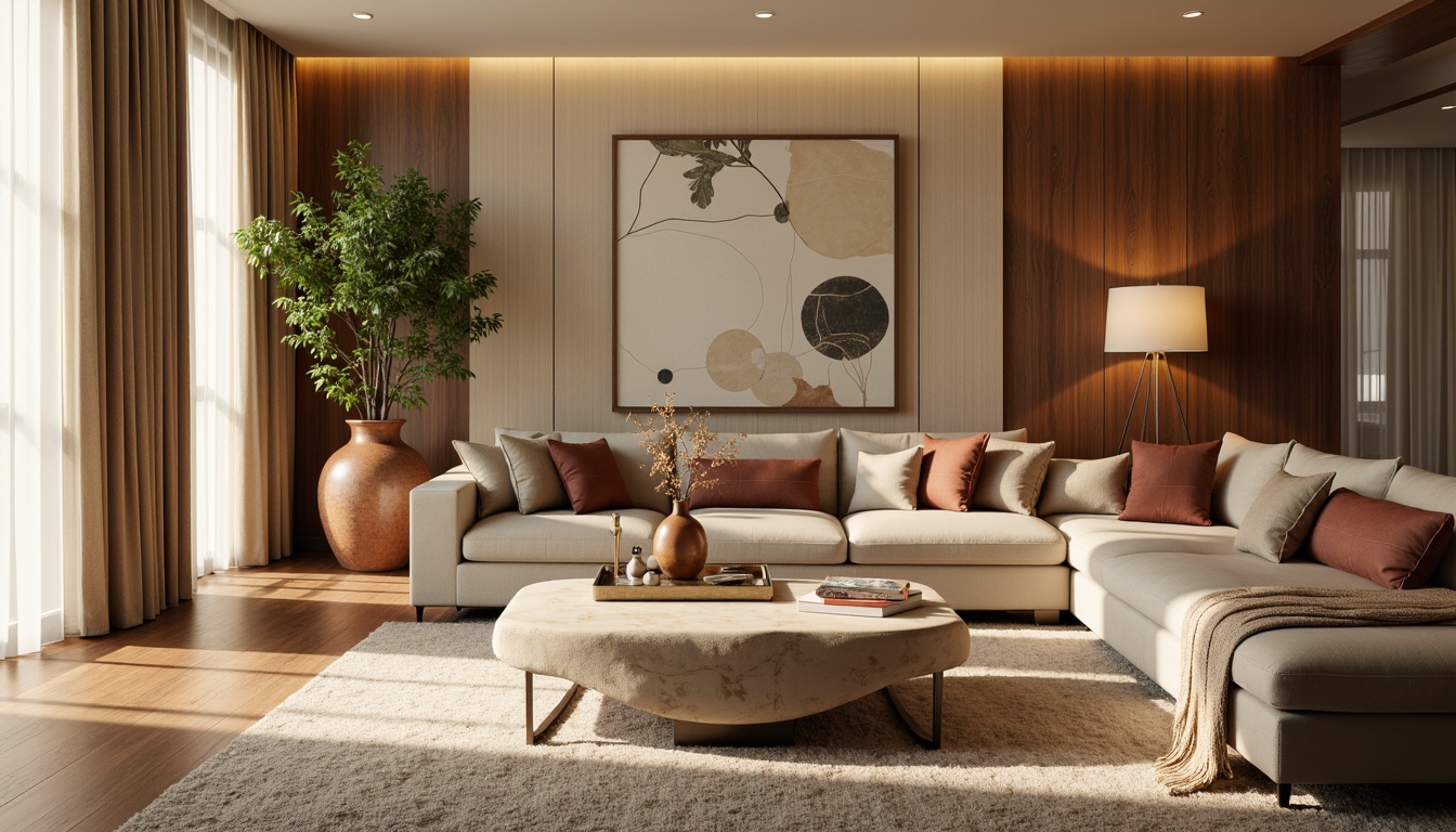 Prompt: \Elegant living room, warm beige walls, rich walnut wood flooring, plush velvet sofa, tufted ottoman, soft golden lighting, calming ambiance, natural stone accents, earthy terracotta vases, botanical greenery, abstract artwork, modern minimalist furniture, sleek metallic frames, creamy white marble coffee table, cozy throw blankets, inviting atmosphere, warm color scheme, 1/2 composition, soft focus, realistic textures, subtle ambient occlusion.\