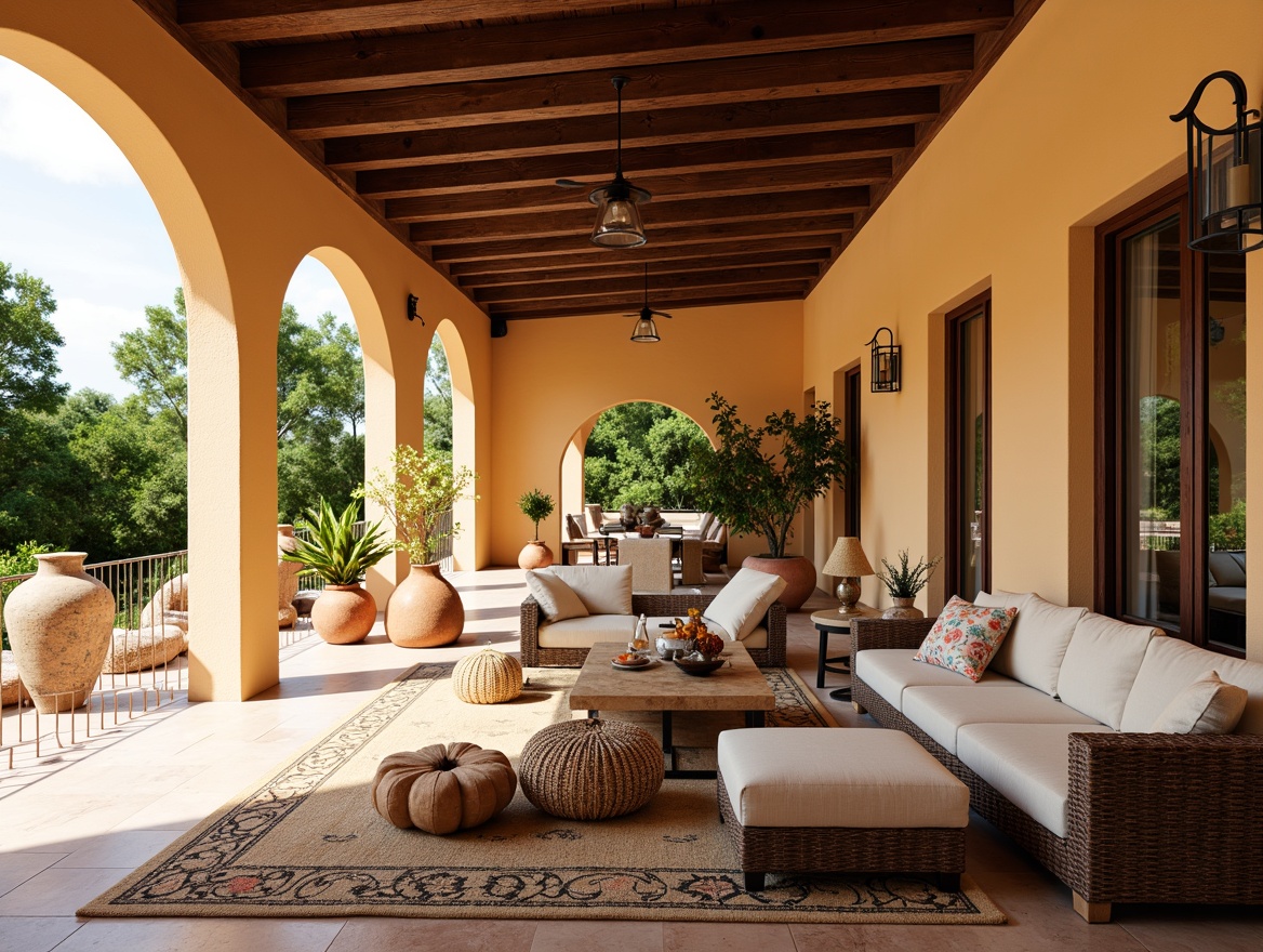 Prompt: Vibrant Mediterranean villa, curved archways, ornate tile work, rustic wooden beams, plush sectional sofas, distressed leather armchairs, woven wicker coffee tables, colorful ceramic vases, natural fiber rugs, warm earthy tones, sunny terraces, lush greenery, ornate metal lanterns, curved lines, intricate patterns, soft warm lighting, 1/1 composition, realistic textures.