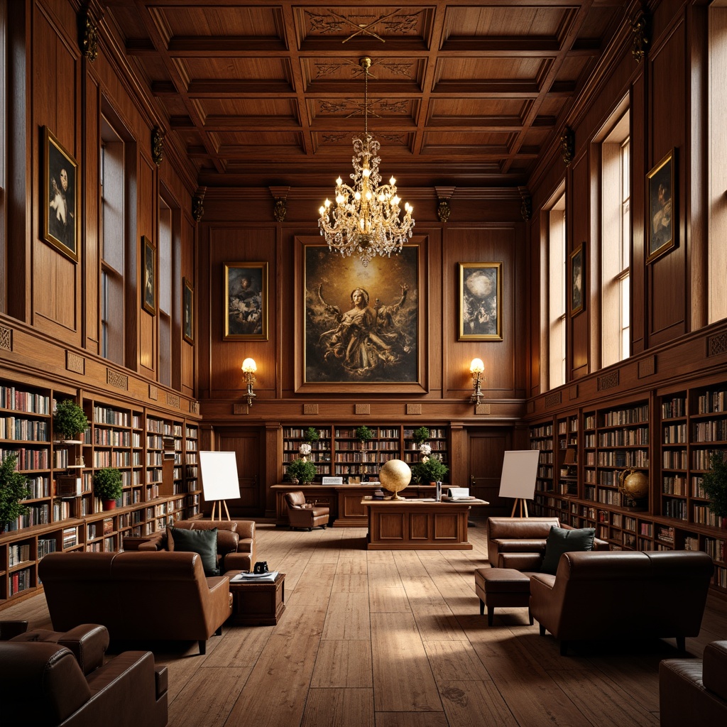 Prompt: Traditional academic atmosphere, wooden paneling, rich leather furniture, grand chandeliers, ornate mirrors, classic bookshelves, vintage globes, formal lecture halls, tiered seating, professor's podium, whiteboard walls, comfortable reading nooks, warm golden lighting, shallow depth of field, 1/1 composition, symmetrical framing, realistic textures, ambient occlusion.