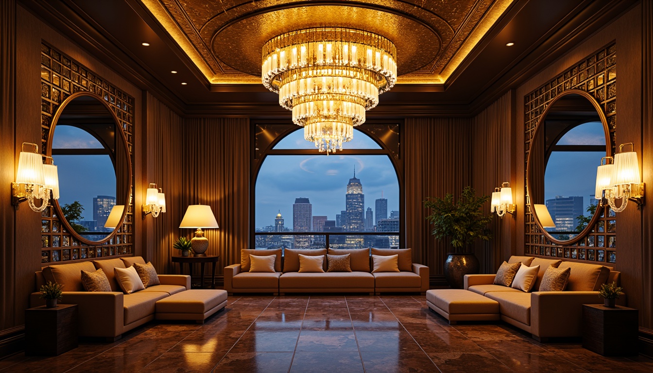 Prompt: Luxurious penthouse interior, Art Deco style, glamorous chandeliers, metallic accents, geometric patterns, ornate mirrors, lavish furnishings, rich textiles, velvet sofas, marble floors, crystal sconces, ambient warm lighting, soft box lights, recessed ceiling lights, dramatic floor lamps, opulent curtains, majestic city views, nighttime skyline, 1/1 composition, high-contrast lighting, cinematic mood, realistic reflections, detailed materials.