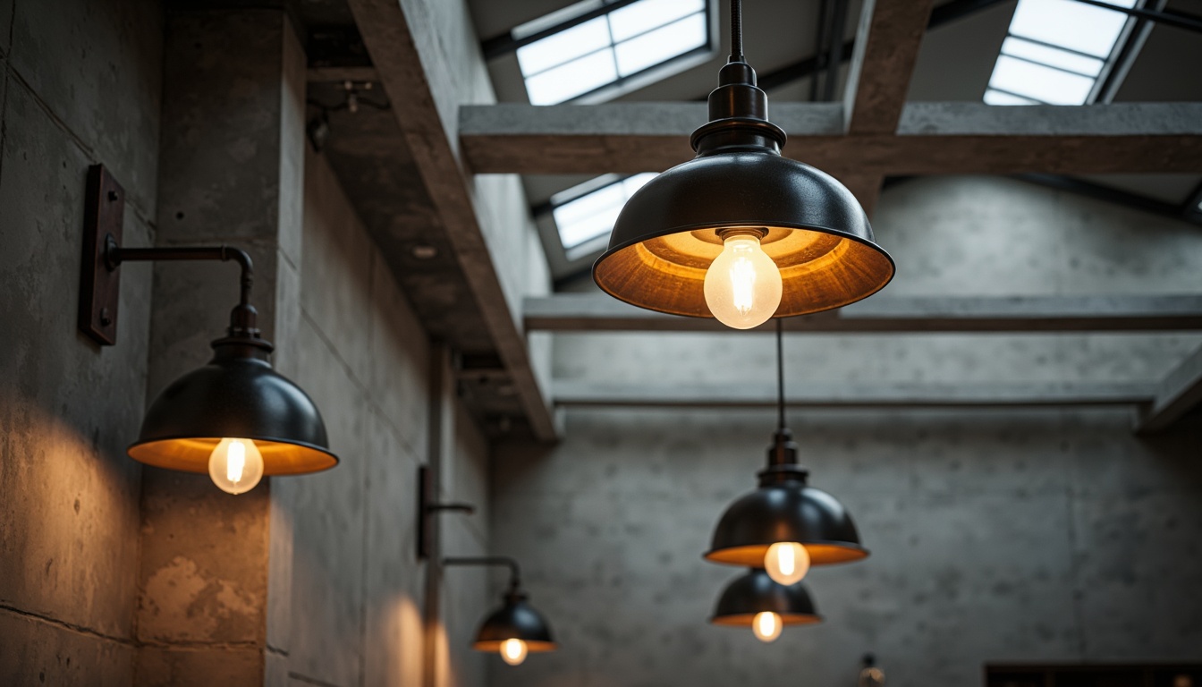 Prompt: Industrial-style lighting fixtures, minimalist metal shades, exposed bulbs, sleek linear profiles, functional simplicity, geometric shapes, primary color accents, brutalist concrete walls, polished steel surfaces, industrial-chic aesthetic, high-ceilinged spaces, natural light pouring in, soft diffused illumination, dramatic shadow play, 1/1 composition, symmetrical framing, realistic textures, ambient occlusion.