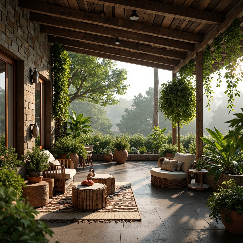 Prompt: Rustic wooden beams, earthy tones, lush greenery, potted plants, hanging vines, climbing ivy, natural stone walls, reclaimed wood accents, vintage metal fixtures, soft warm lighting, cozy seating areas, woven rattan furniture, botanical prints, terracotta pots, misting systems, humid tropical atmosphere, panoramic views, realistic plant textures, ambient occlusion.