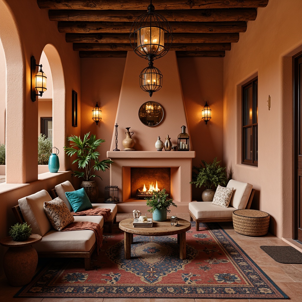 Prompt: Warm desert ambiance, rustic wooden accents, earthy terracotta hues, woven textiles, natural fiber rugs, reclaimed wood beams, warm pendant lights, wrought iron chandeliers, candles in mercury glass holders, dimmable LED lighting, cozy fireplaces, plush furnishings, vibrant turquoise accents, Southwestern patterns, geometric tile work, adobe-inspired architecture, warm color palette, soft ambient glow, 1/1 composition, shallow depth of field, realistic textures.