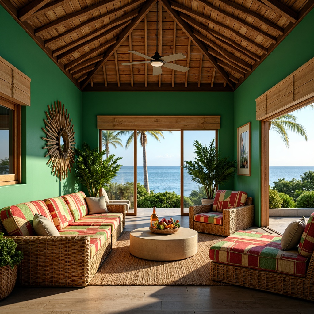 Prompt: Exotic island villa, lush green walls, rattan furniture, woven textiles, natural fibers, reclaimed wood accents, vibrant colorful upholstery, tropical plants, palm fronds, wooden ceiling fans, bamboo blinds, sliding glass doors, ocean views, sunny day, soft warm lighting, 3/4 composition, realistic textures, ambient occlusion.